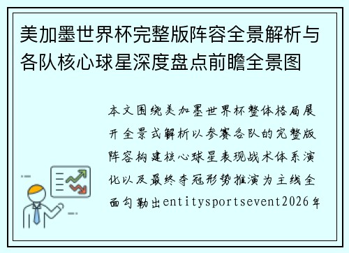 美加墨世界杯完整版阵容全景解析与各队核心球星深度盘点前瞻全景图 美加墨世界杯完整版阵容全景解析与各队核心球星深度盘点前瞻全景图